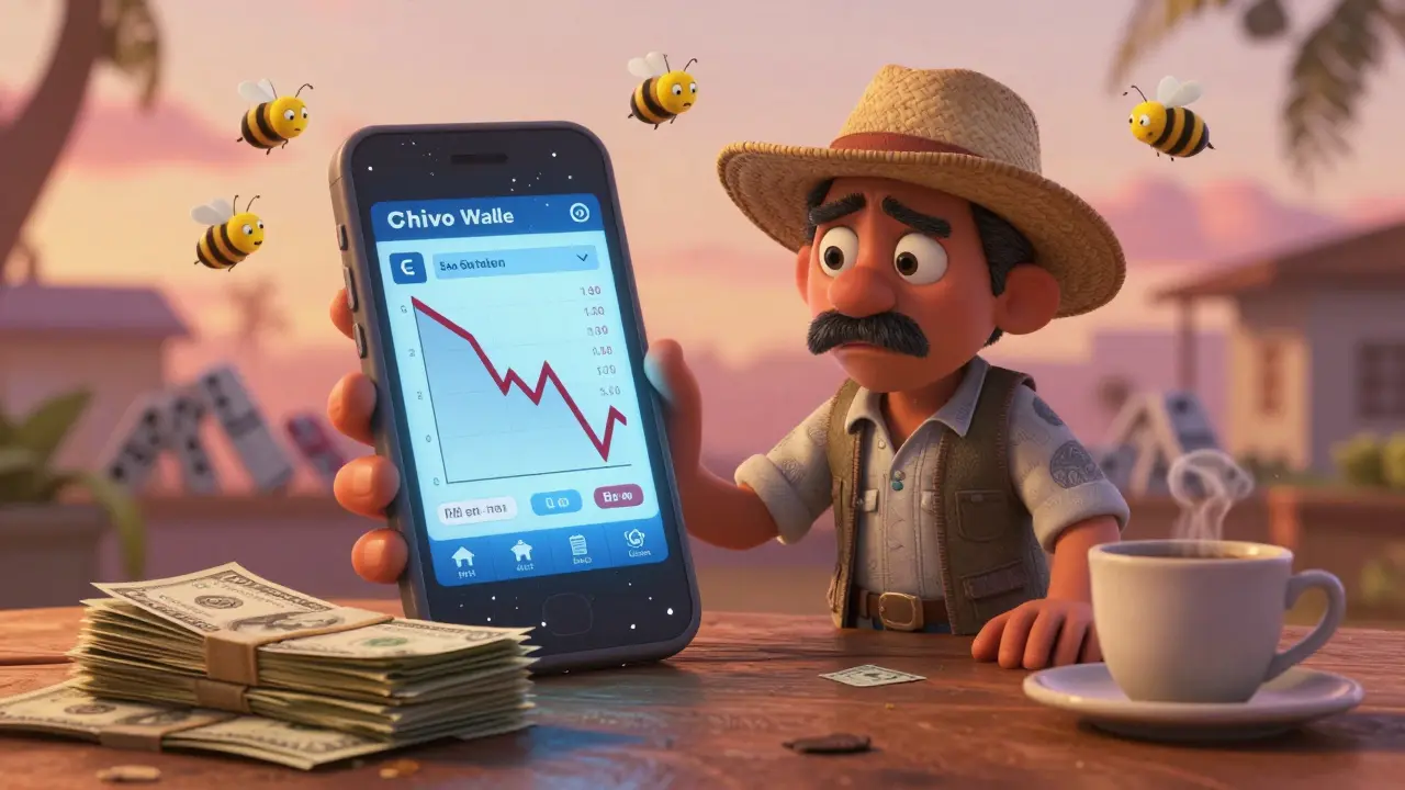 A confused farmer stares at a crashing Bitcoin price chart on his malfunctioning Chivo Wallet app.