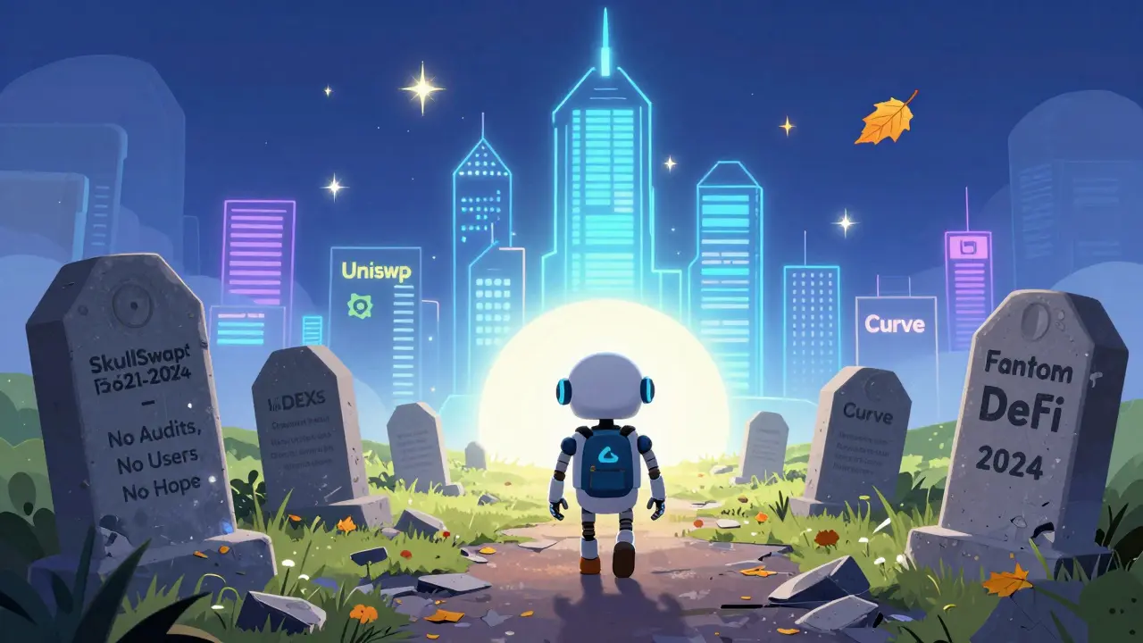 A digital graveyard of dead DeFi projects with SkullSwap&#039;s tombstone, as a robot walks toward thriving exchanges.