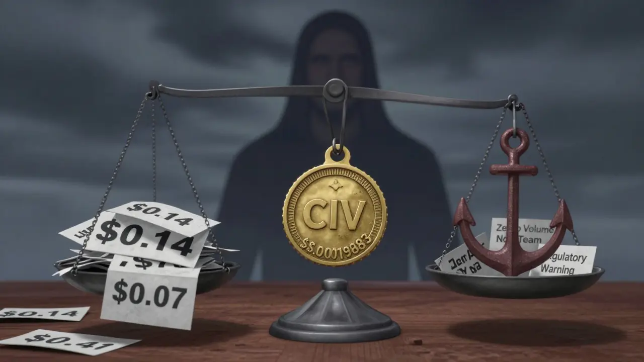 A fragile CIV token balanced on a scale weighed down by fake price predictions and real warnings like zero volume and regulatory risk.