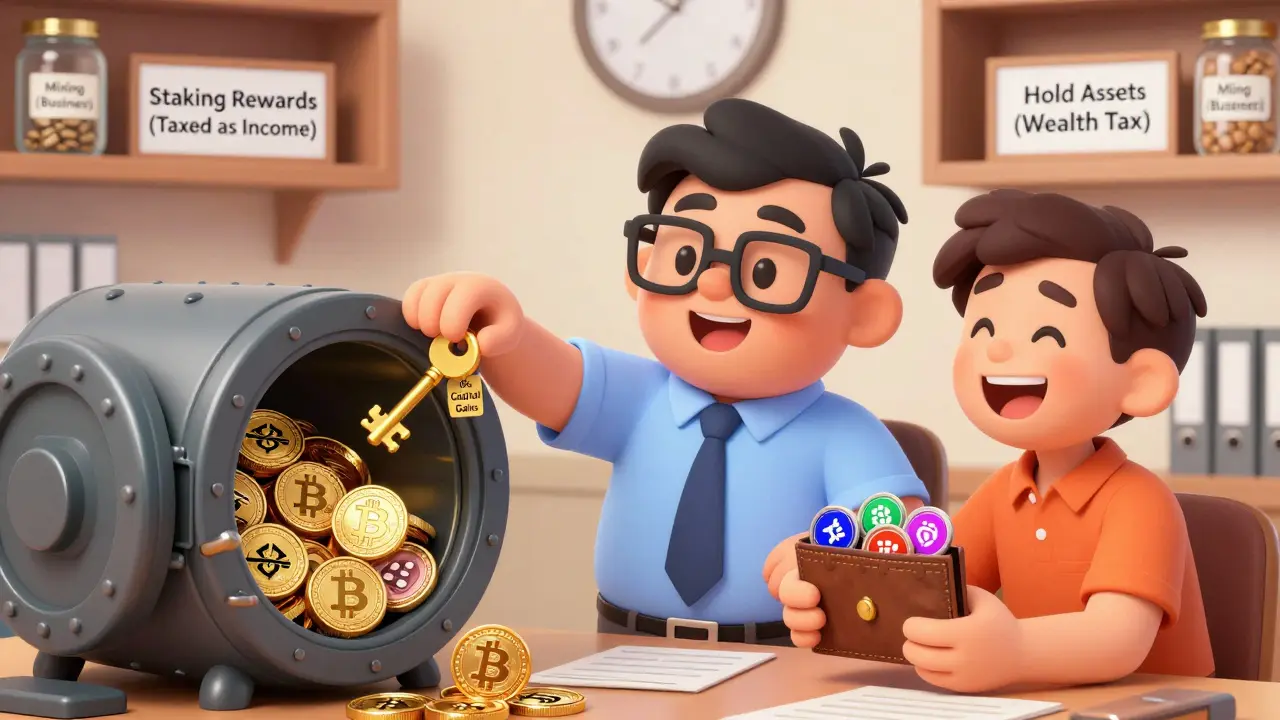 A friendly tax official places a '0% Capital Gains' key into a vault filled with crypto coins.