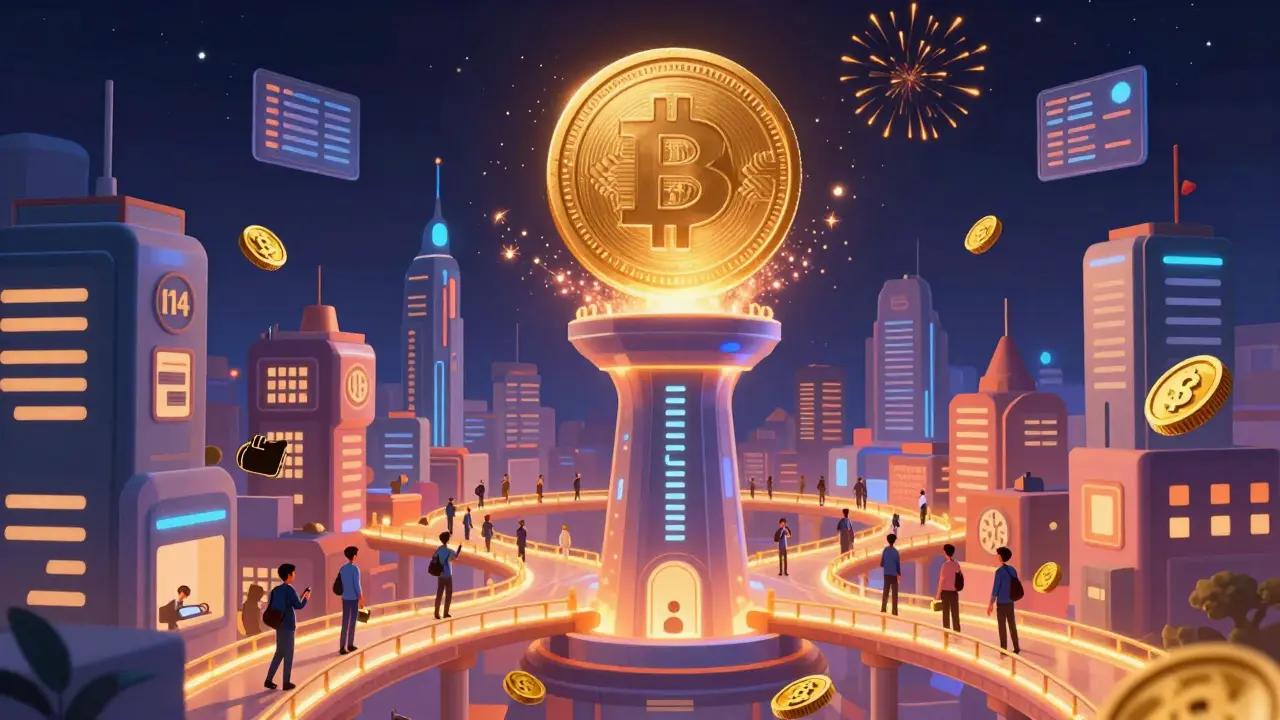 A futuristic Solana city with token-shaped buildings and a glowing QTO token above.