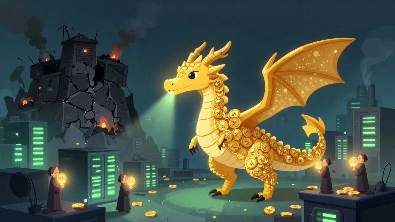 A golden Ethereum dragon breathing green light over quiet servers, while a coal-powered mine fades away.