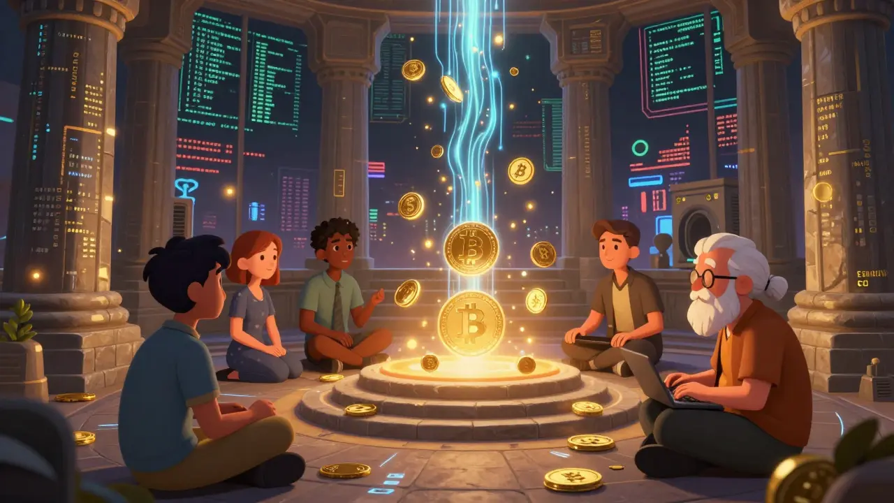A group of users in a Bitcoin temple surrounded by flowing code and orbiting tokens, calm amid chaotic crypto outside.