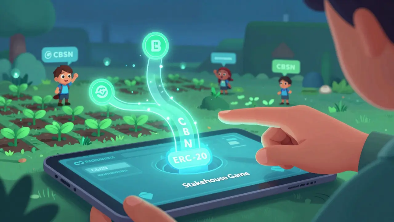 A hand connects a wallet to a holographic game interface as token streams feed a digital farm with animated avatars completing tasks.