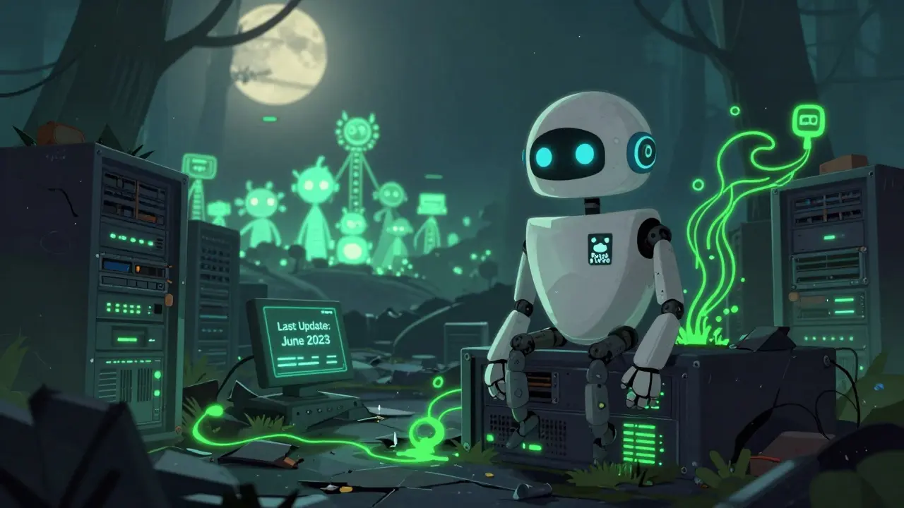 A lonely robot sits amid fading servers in a digital graveyard under moonlight.