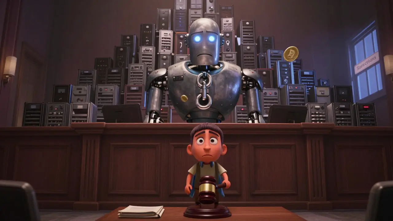 A miner in court before a robotic judge, surrounded by seized mining equipment, as a DAI coin escapes.