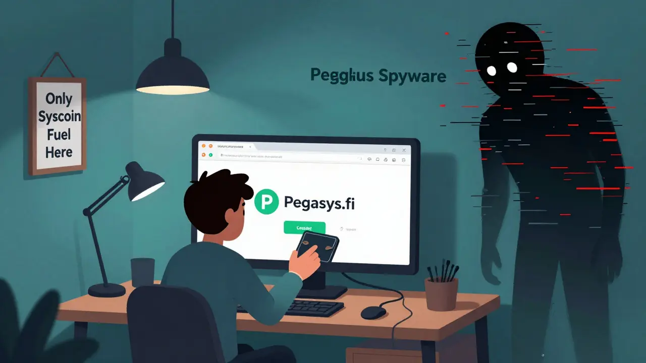 A trader connects a wallet to Pegasys.fi while a shadowy spyware figure looms nearby, with a 'Syscoin Fuel' gas station sign on the wall.
