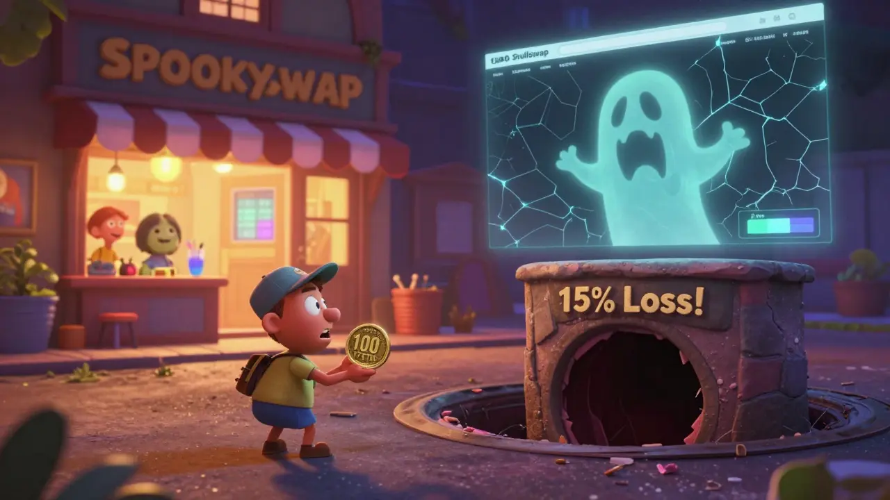 A trader nervously facing a massive slippage vortex while SpookySwap glows safely in the background.