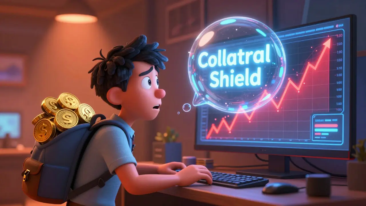 A trader protected by a glowing shield as a price crash hits their volatile crypto position.
