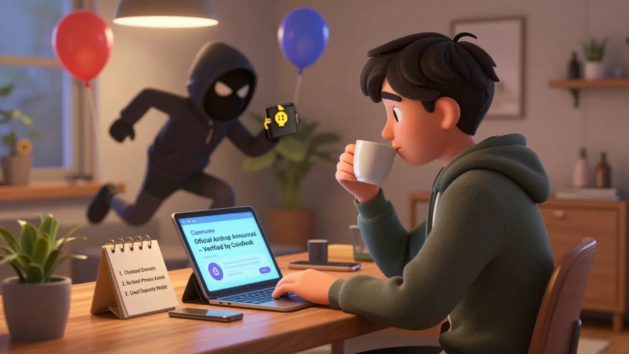 A user calmly verifies an official Cannumo announcement while scams fade away behind them.