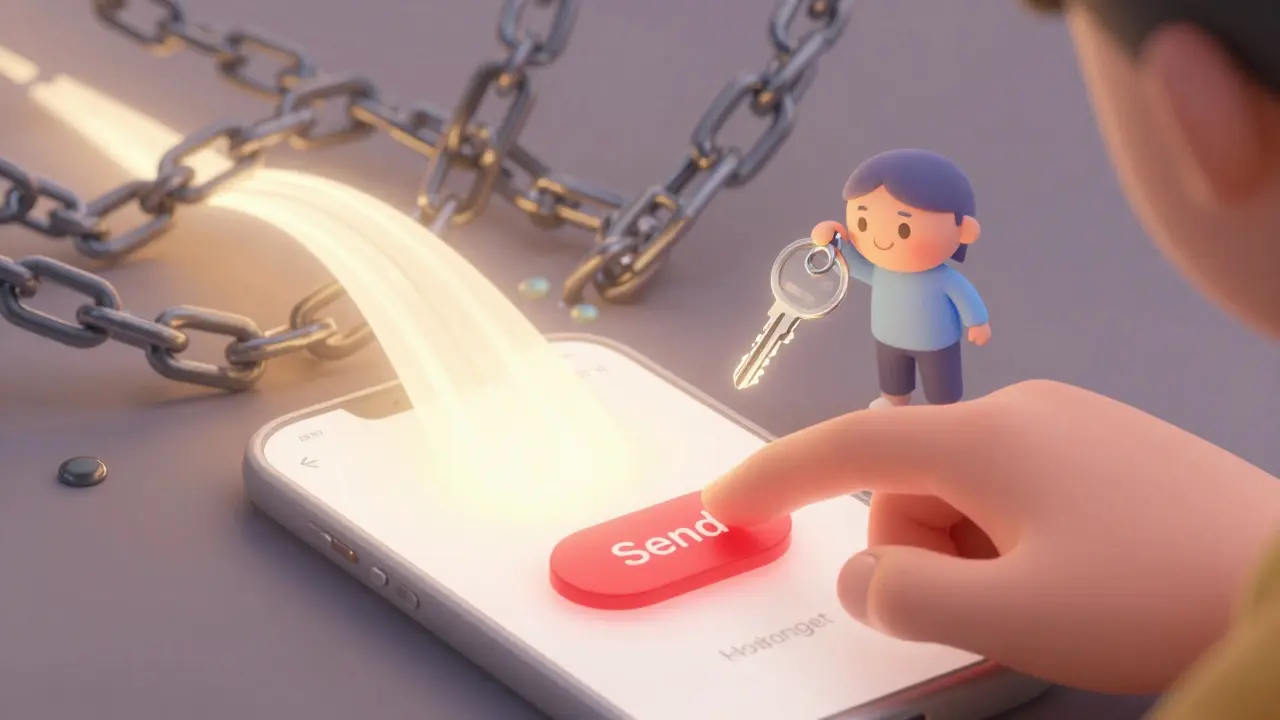 A user clicks 'Send' as multiple blockchains merge into one smooth flow of light, symbolizing seamless cross-chain experience.