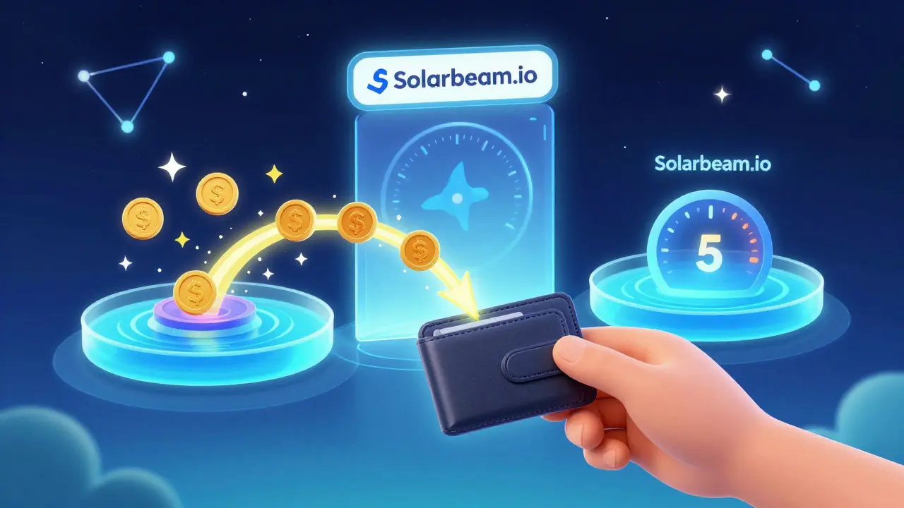 A user connects a wallet to a portal as tokens swap between liquidity pools on a cosmic blockchain network.