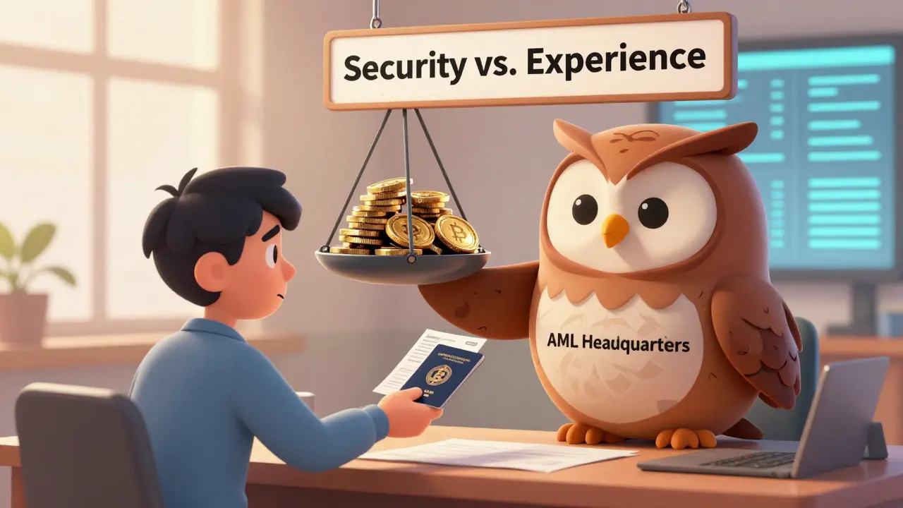A user handing documents to a friendly owl compliance officer balancing clean and stolen crypto.