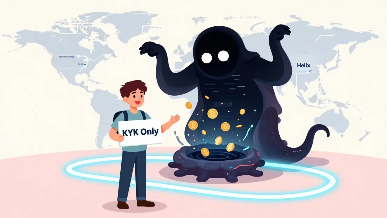 A user safely uses a compliant exchange while a dark mixer monster tries to lure coins away.