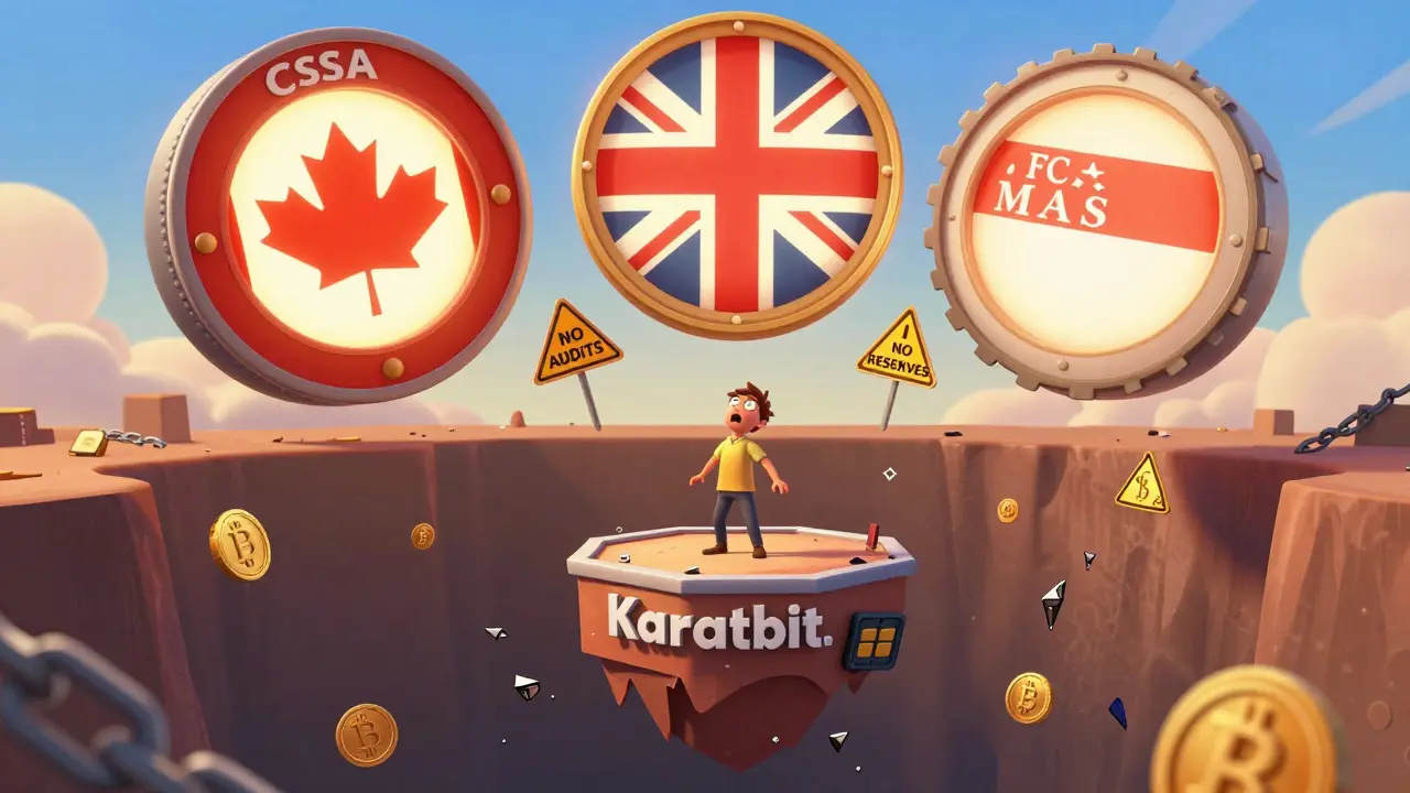 A user stands on a sinking platform labeled Karatbit, crushed by official regulatory seals above a dark pit.