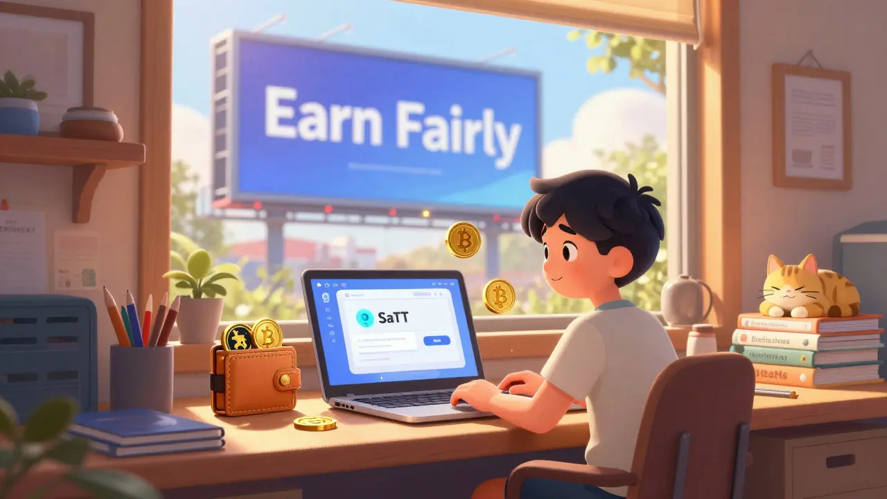 An indie creator using the SaTT platform with ETH and BNB coins as helpful sidekicks.