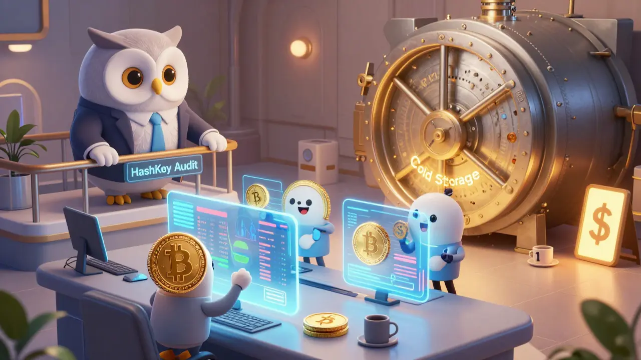 Anthropomorphic crypto coins trading on holographic screens under the watchful eye of an audit owl.