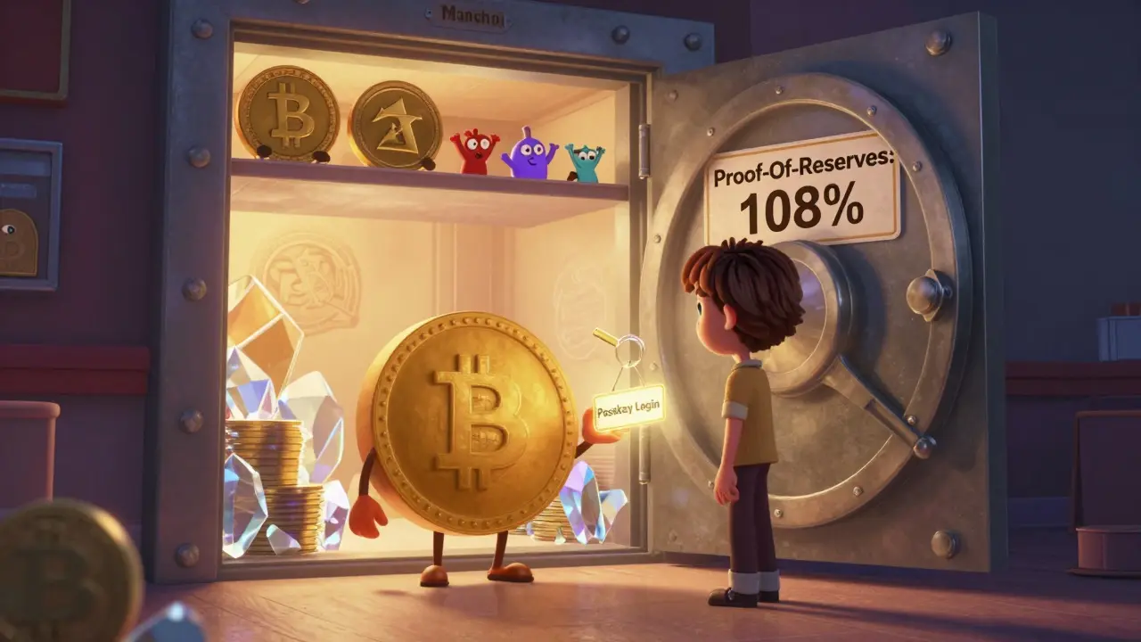 Bitcoin character handing passkey to user at transparent vault showing 108% reserve ratio, with cheering tokens in background.