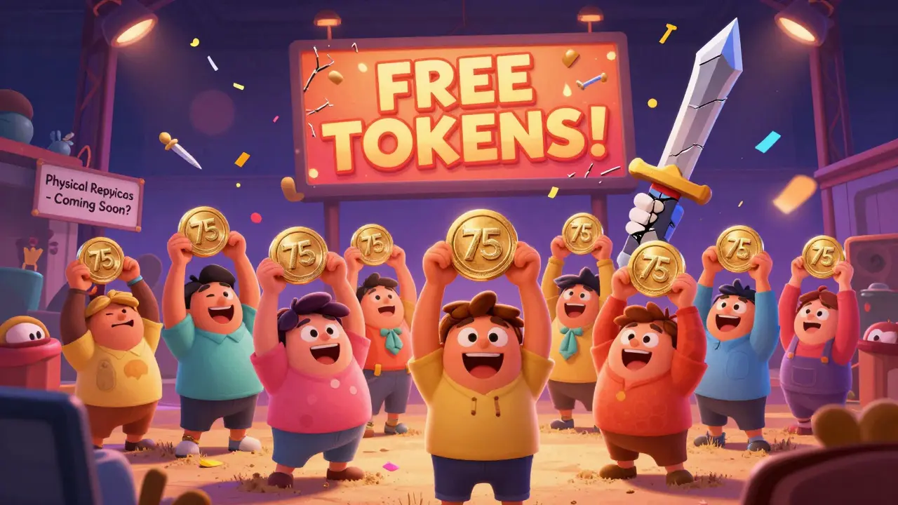 Celebrating crowd at a 2022 airdrop with floating tokens and a broken physical sword replica.