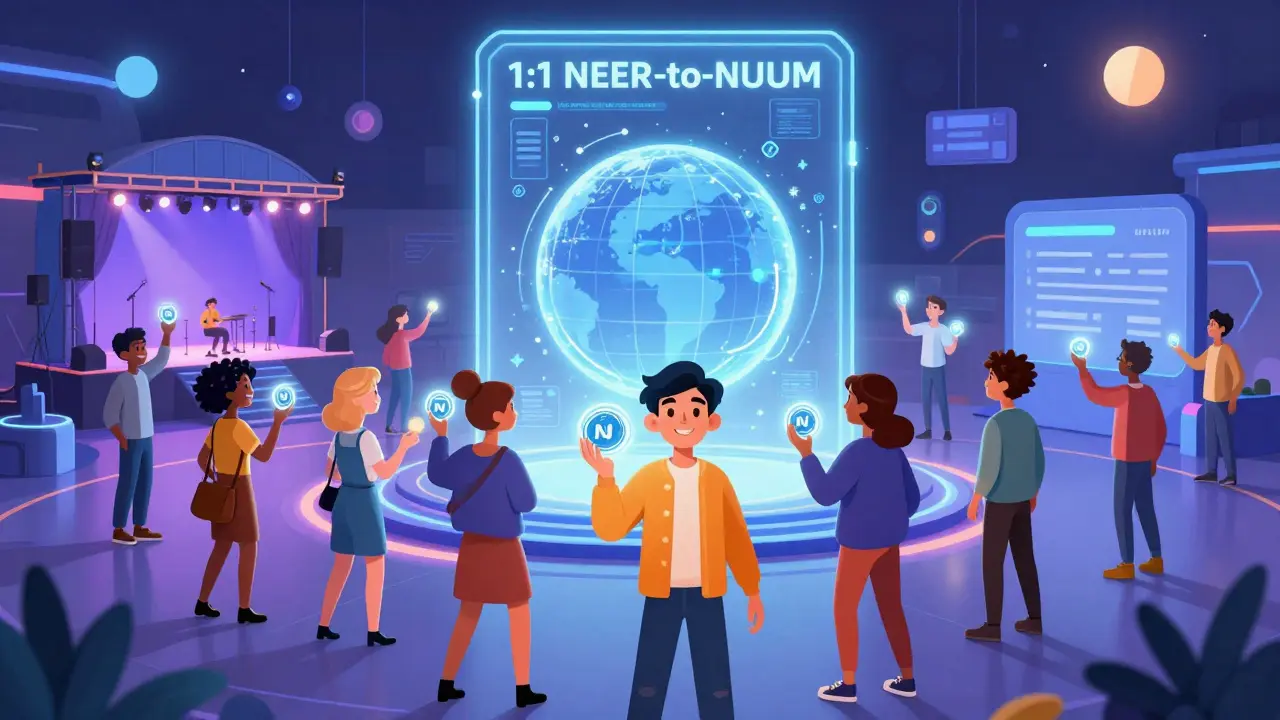 Community builders creating metaverses using NUUM tokens in a glowing futuristic hub.