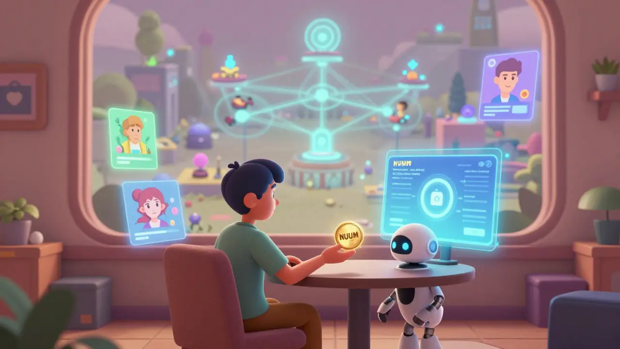 Creator in a cozy digital lounge surrounded by their self-built metaverse powered by NUUM.