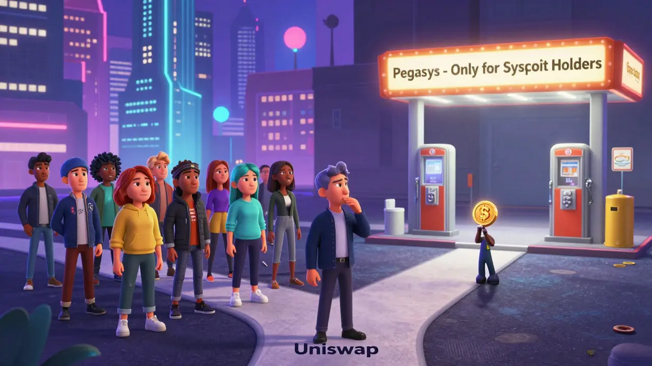 Crypto users face a choice: a vibrant DeFi city or a quiet gas station labeled 'Pegasys' for Syscoin holders only.