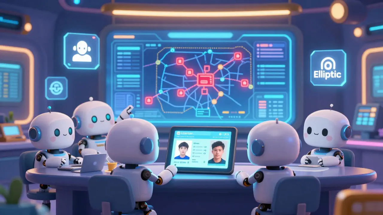 Cute robot compliance officers monitoring real-time crypto transaction alerts on glowing dashboards.