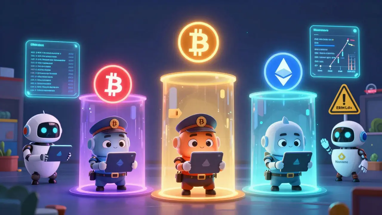 Detectives track a crypto transaction hopping between blockchains, flagged wallets glowing red near an exchange.