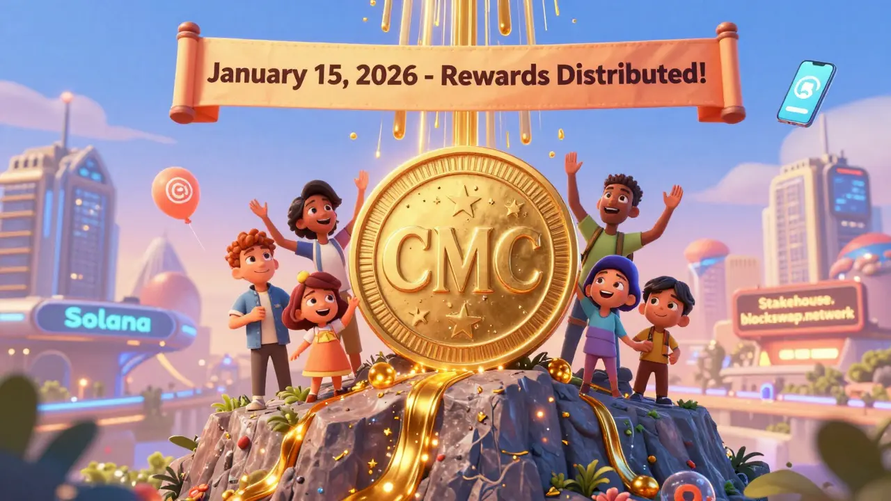 Diverse characters celebrate on a CMC token mountain as golden rewards fall, with blockchain bridges and a glowing website sign in the background.