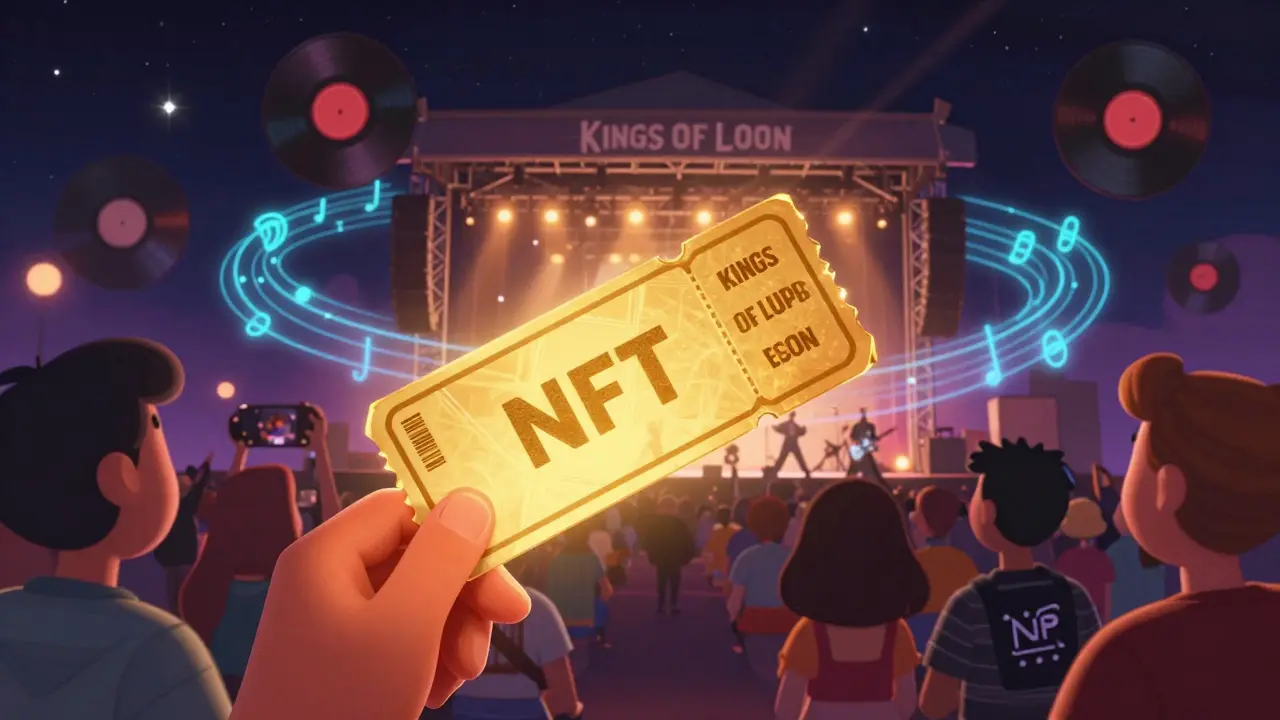 Fan holding a golden NFT ticket that opens to a concert, blending digital and physical worlds.