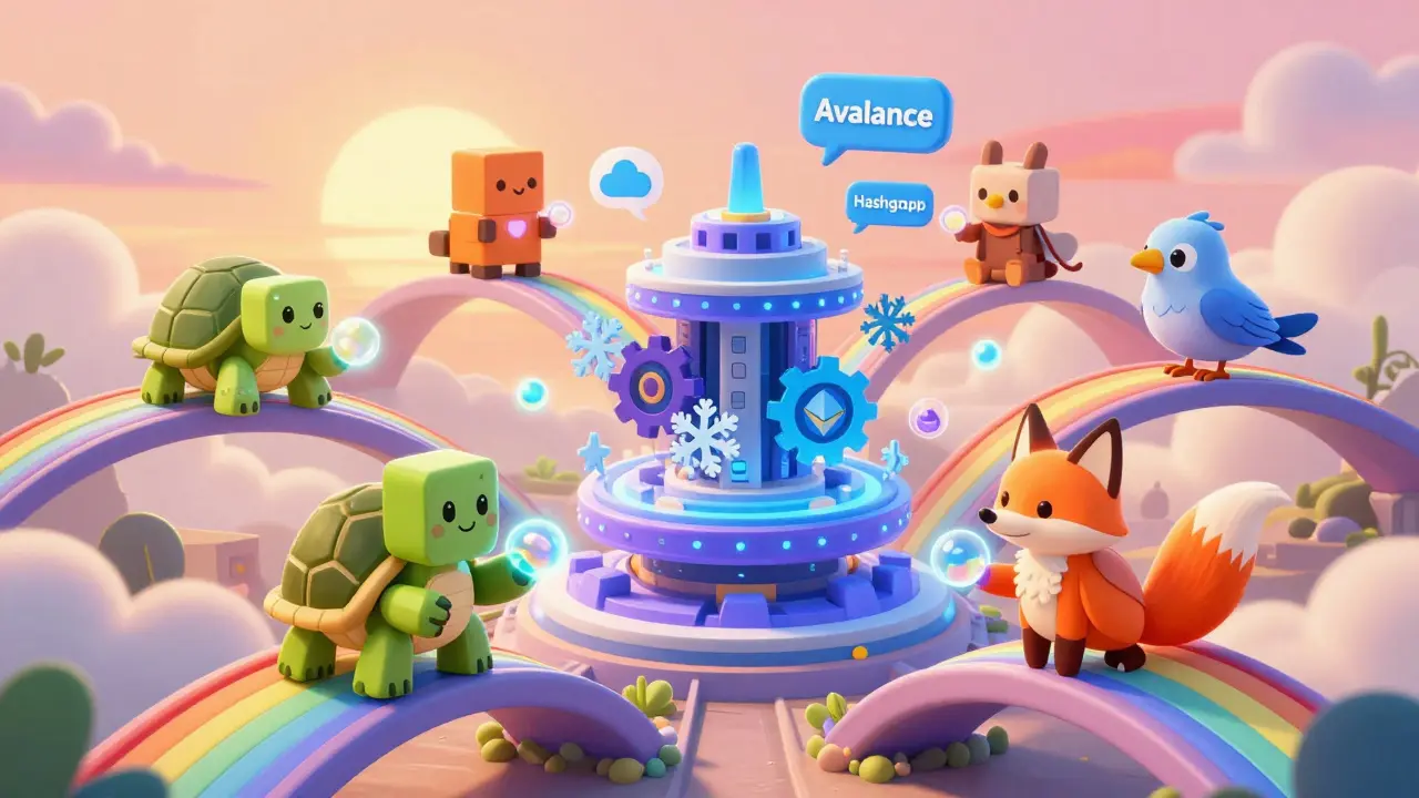 Friendly blockchain animals passing data orbs through rainbow bridges under a sunrise sky.