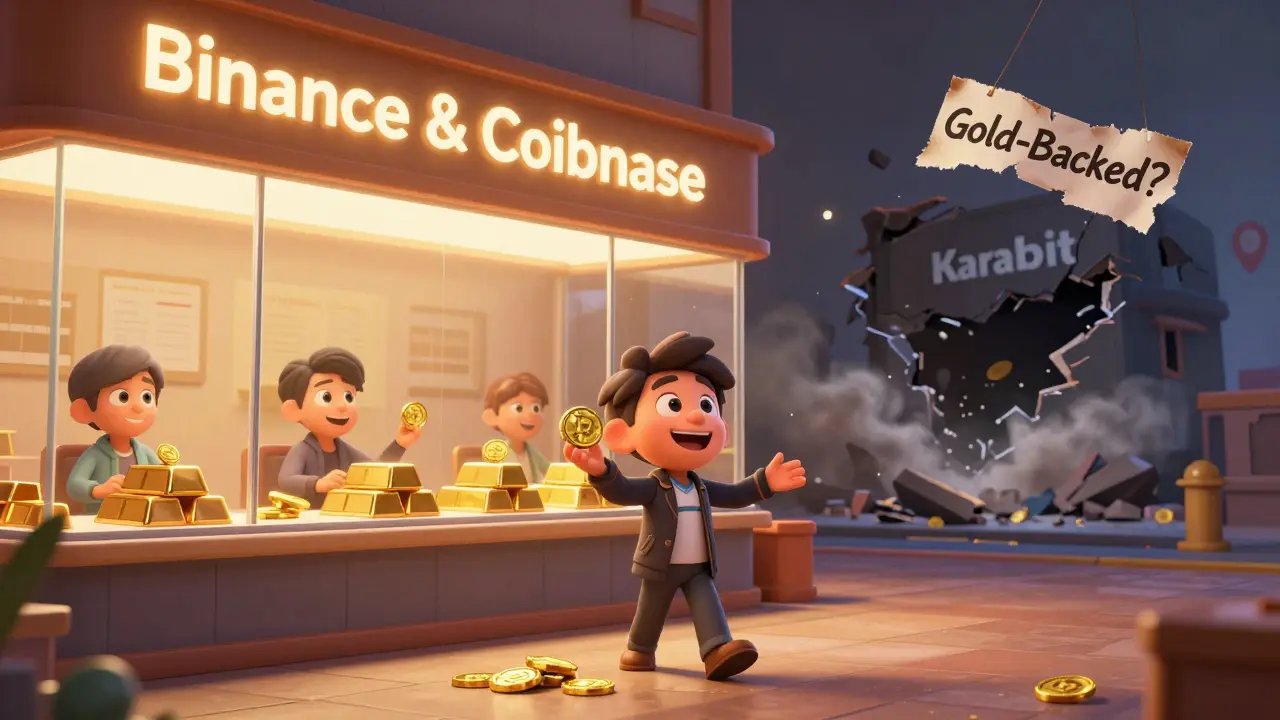 Happy users trade at a bright, transparent exchange while Karatbit collapses into smoke in the background.