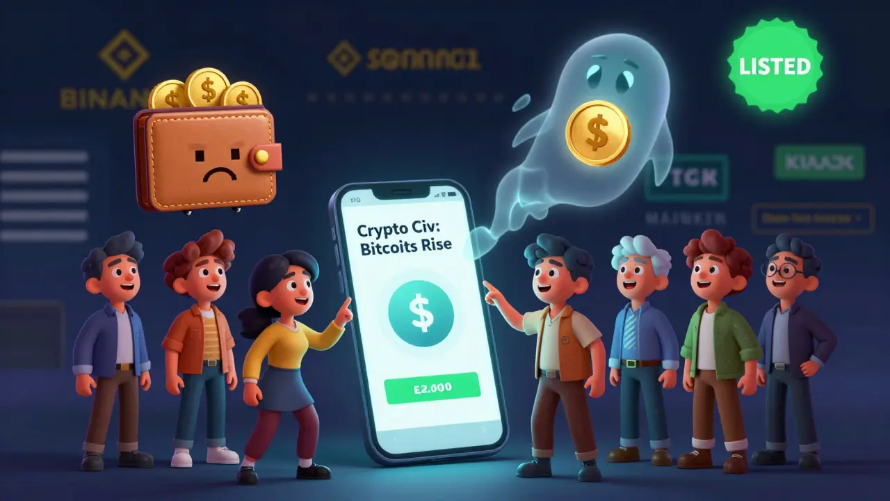 Investors misled by a mobile game app while the real CIV token drifts away, with major exchanges visible in the background.