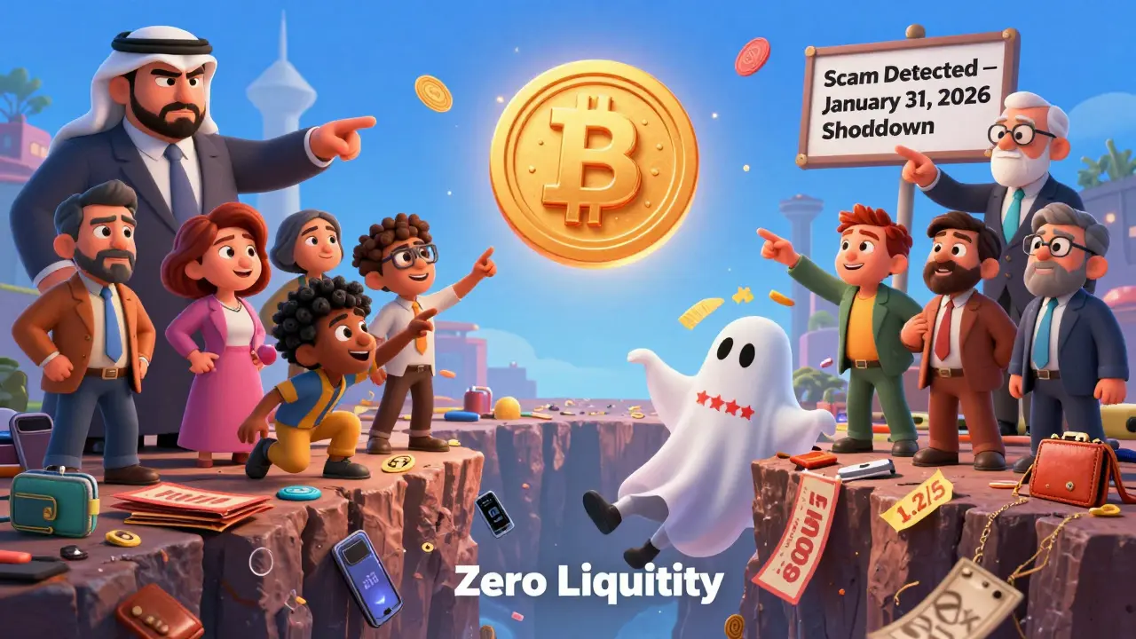 Investors reach for a glowing scam token over a cliff of empty wallets, while authorities warn them to stop.