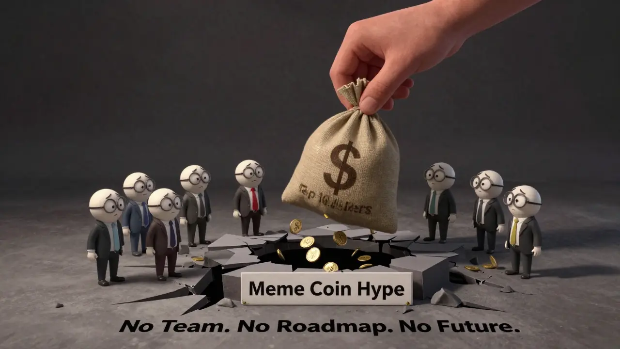 Investors standing on a crumbling hype platform as a shadowy hand drains their coins.