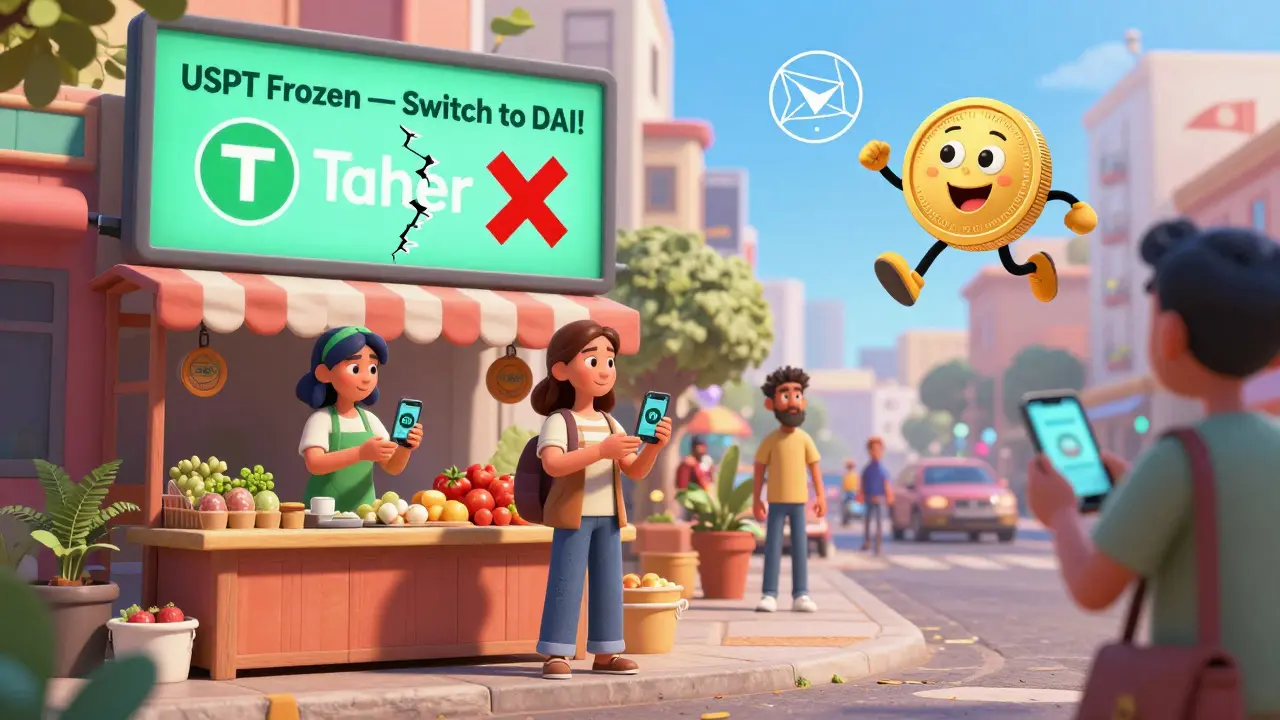 People in Tehran trading DAI for goods, with a billboard warning about frozen USDT and a running DAI coin.