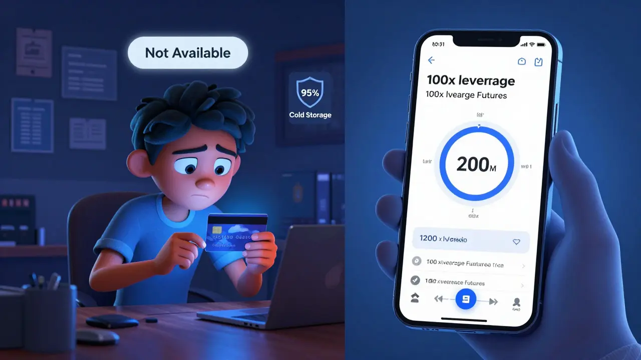 Split scene: beginner unable to use fiat vs. experienced trader executing fast 100x leverage trade on mobile app.