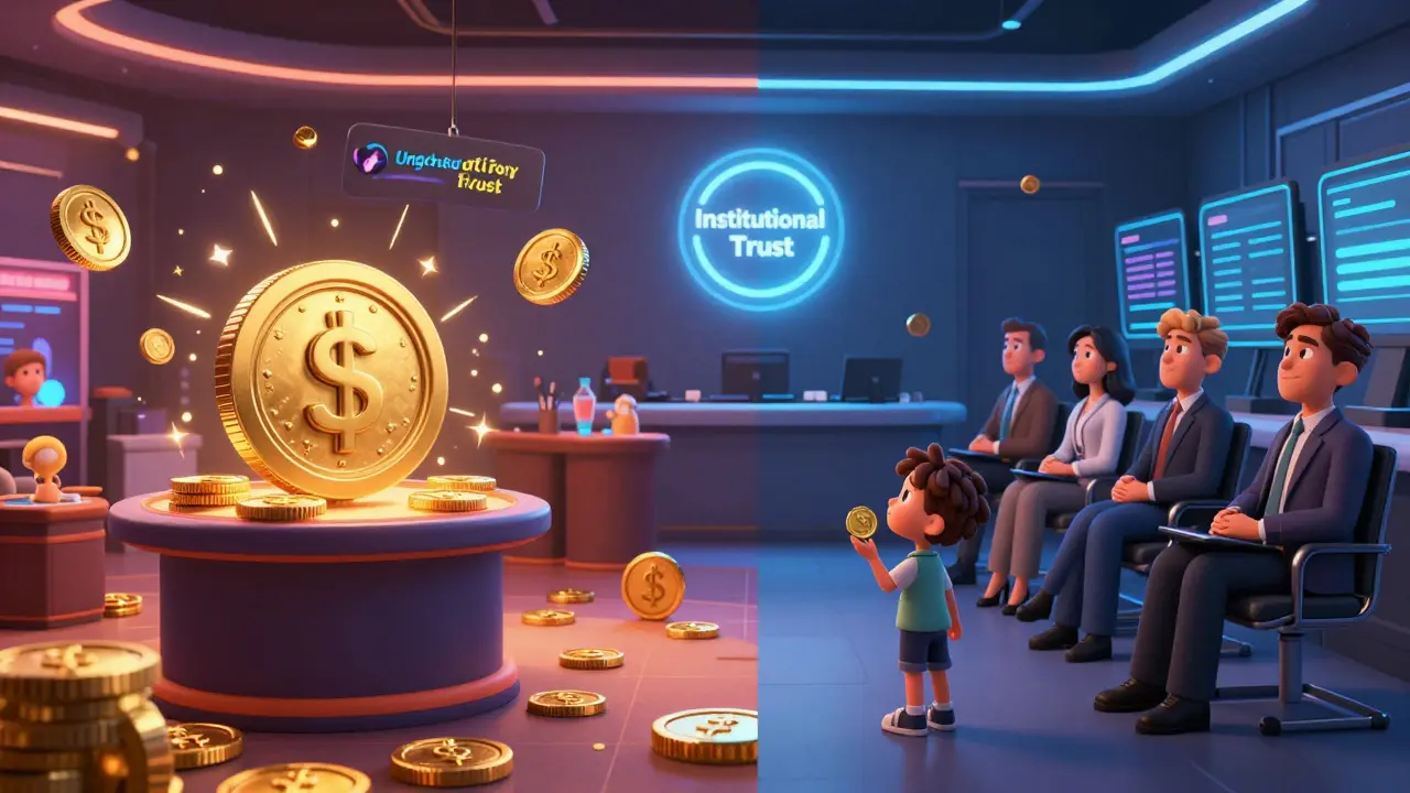 Split scene: chaotic unregulated crypto casino vs. calm, trusted HashKey Global trading hub.