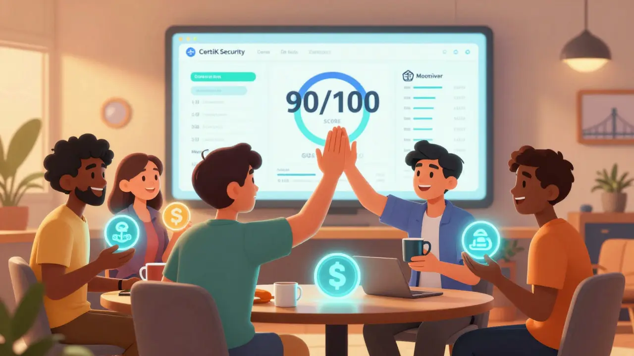 Traders celebrate around a smart contract lounge with a 90/100 security score displayed behind them.
