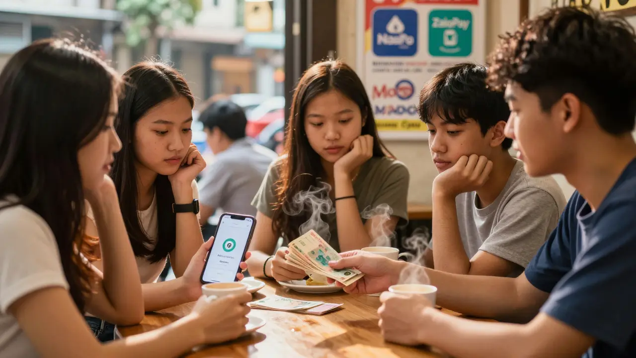 Young people trade cryptocurrency for cash in a Hanoi café, using phones with no visible crypto payment signs.