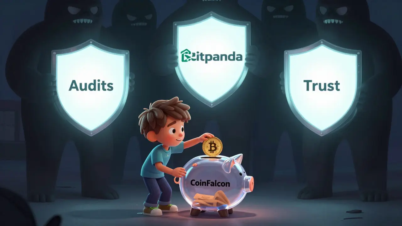 A beginner puts money into a CoinFalcon piggy bank while bigger, trustworthy exchanges stand behind with shields.