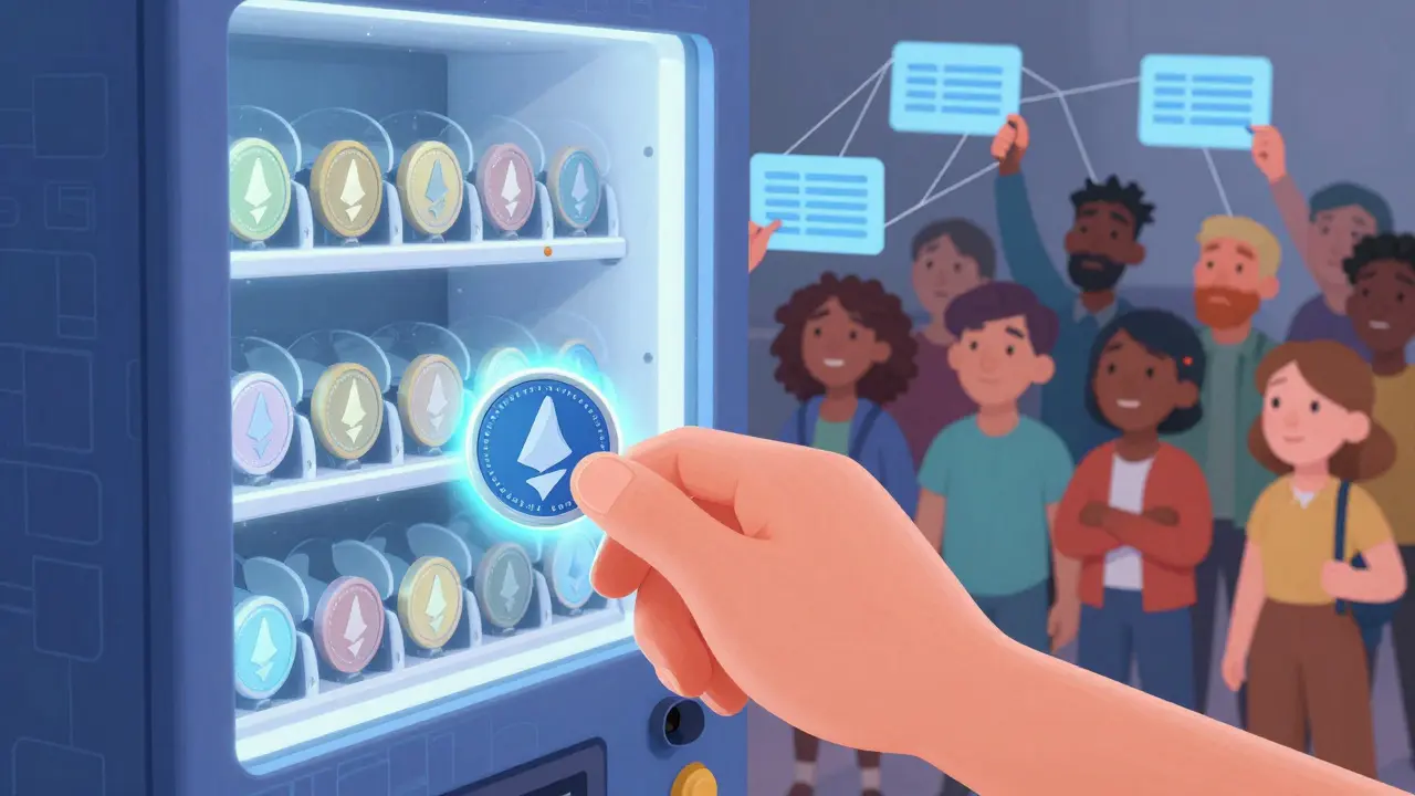 A blockchain vending machine dispenses a digital token when a crypto coin is inserted, with smart contracts invisible but active.