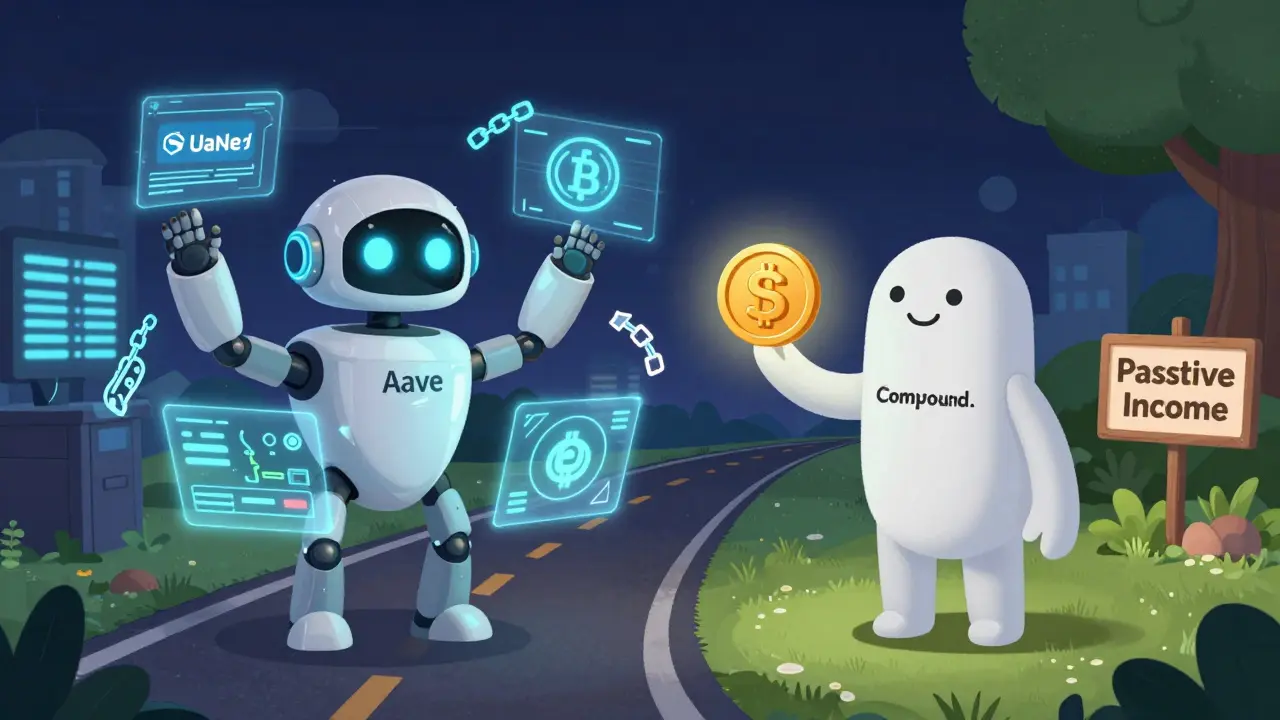 A busy tech robot contrasts with a calm humanoid holding a USDC coin, representing Aave and Compound.