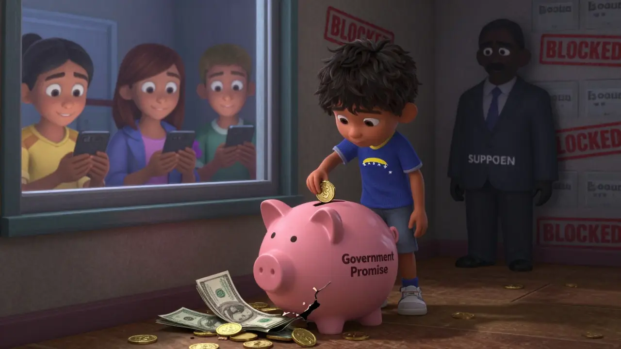 A child's piggy bank leaking dollars instead of Petros, while neighbors send stablecoins via smartphones.