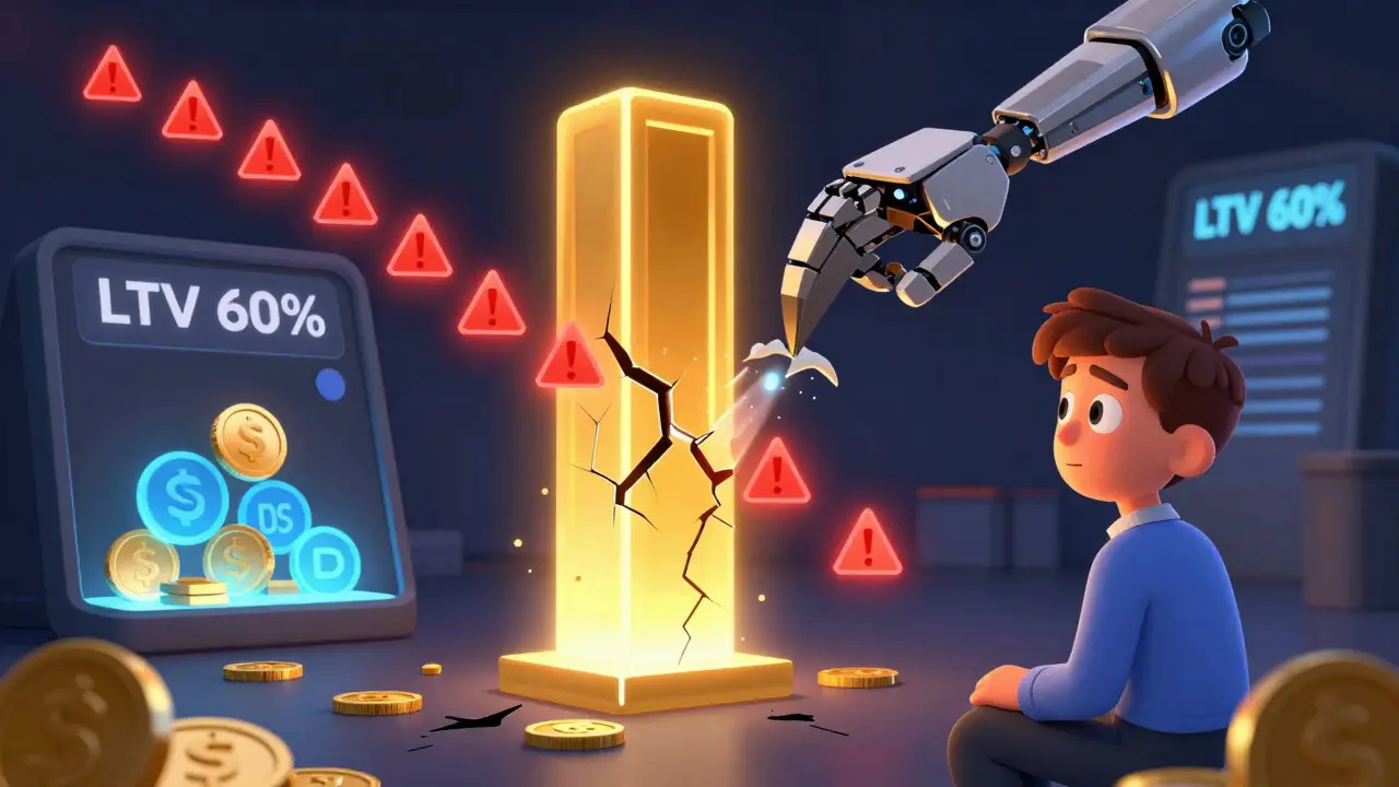 A cracking ETH collateral triggers a robotic liquidation claw, while stablecoins glow safely nearby in a digital lending scene.