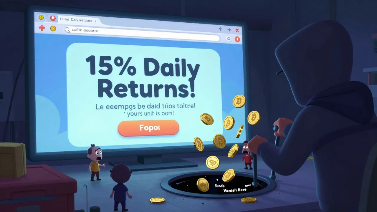 A deceptive crypto website sucking digital coins into a black hole as users are pulled in, with a shadowy scammer pulling levers.