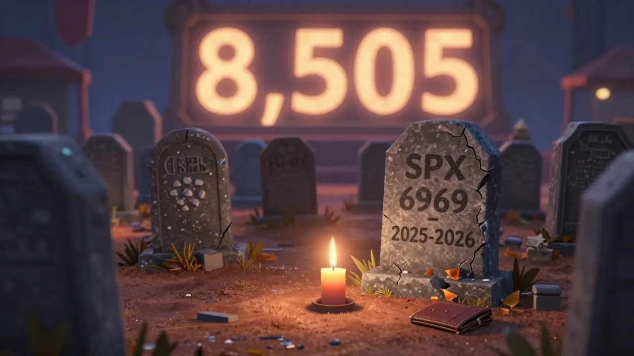 A digital graveyard with a tombstone for SPX 6969 and an abandoned wallet in the dust.