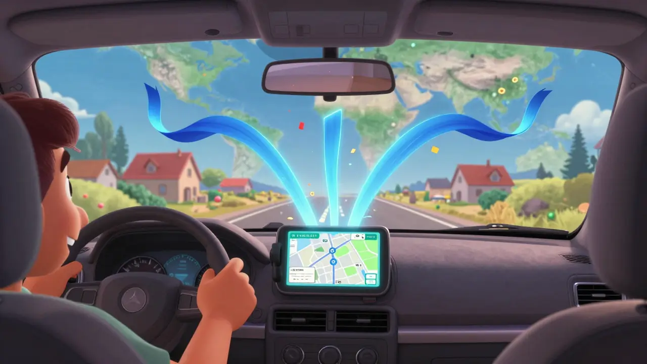 A driver with a phone mapping streets as glowing data ribbons form around them, tokens raining like confetti.