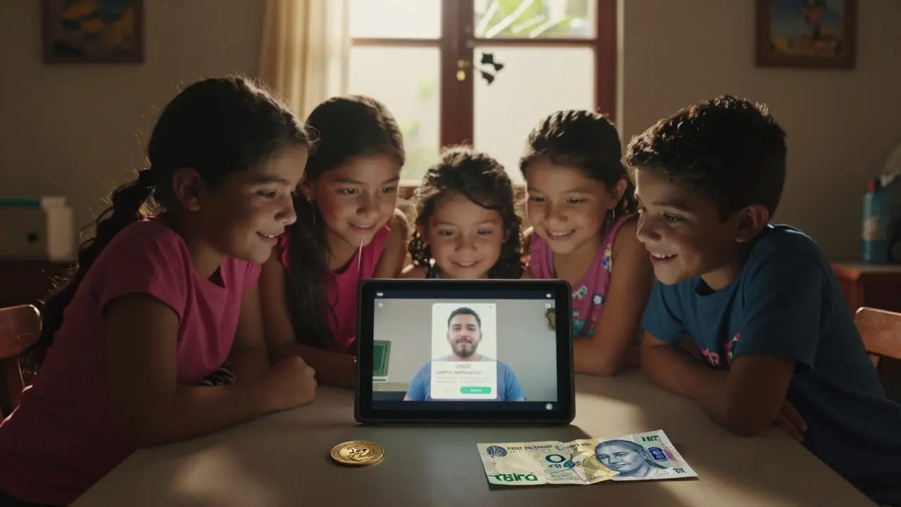 A family receiving USDT via tablet while a Petro token sits unused on the table at home.