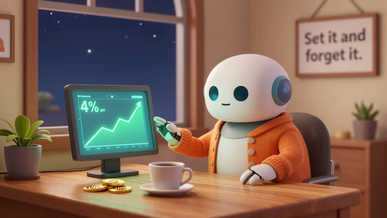 A friendly robot in a cardigan watches a steady 4% interest rate on a screen in a cozy room.